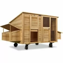 DEUBA Poulailler Mobile 220x125x118 Bois Avec Roues Pondoir Nichoirs Tiroir Coulissant Portes Protection En Bitume
