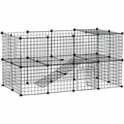 PawHut Cage Parc Enclos Pour Animaux Domestiques L 146 X L 73 X H 73 Cm Modulable 2 Niveaux 36 Panneaux Bords Arrondis Fil Métallique Noir - Noir