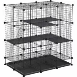 PawHut Cage Parc Enclos Rongeurs Modulable Dim. L 111 X L 75 X H 119 Cm 3 Niveaux 4 Portes Fil Métallique Noir - Noir