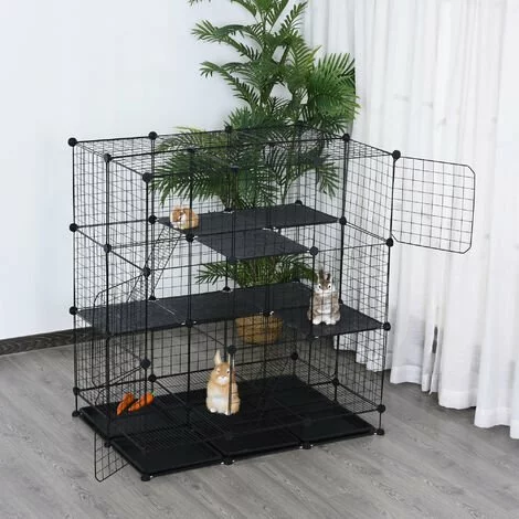 PawHut Cage Parc Enclos Rongeurs Modulable Dim. L 111 X L 75 X H 119 Cm 3 Niveaux 4 Portes Fil Métallique Noir - Noir 2 PawHut Cage Parc Enclos Rongeurs Modulable Dim. L 111 X L 75 X H 119 Cm 3 Niveaux 4 Portes Fil Métallique Noir - Noir – Image 2