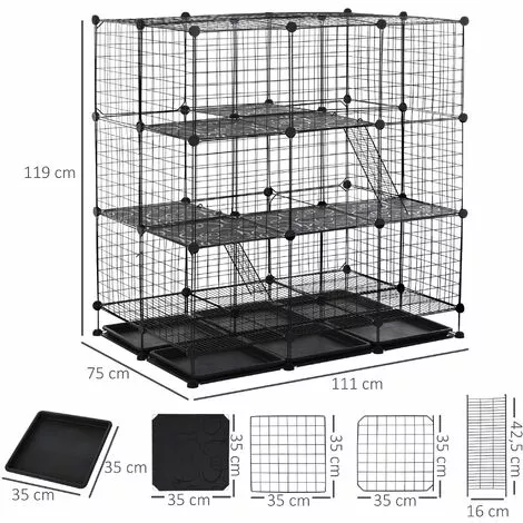 PawHut Cage Parc Enclos Rongeurs Modulable Dim. L 111 X L 75 X H 119 Cm 3 Niveaux 4 Portes Fil Métallique Noir - Noir 3 PawHut Cage Parc Enclos Rongeurs Modulable Dim. L 111 X L 75 X H 119 Cm 3 Niveaux 4 Portes Fil Métallique Noir - Noir – Image 3