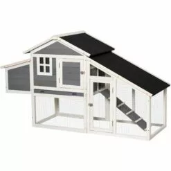 PawHut Poulailler Cottage Cage à Poules Surélevé Dim. 176L X 65l X 100H Cm Multi-équipement Toit Bitumé Noir Bois Sapin Gris Blanc - Gris