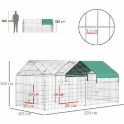 PawHut Parc Enclos Métal époxy Cage Extérieure Dim. 2,20L X 1,03l X 1,03H M 3 Portes Et Trappe Surface Abrité PE Vert - Vert -Poulailler et élevage de la basse-cour Soldes Magasin 38927036 3