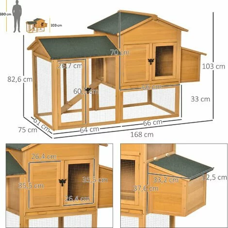 PawHut Poulailler Cottage Cage à Poules Sur Pied Dim. 168L X 75l X 103H Cm Multi-équipement Bois Sapin Pré-huilé - Orange 3 PawHut Poulailler Cottage Cage à Poules Sur Pied Dim. 168L X 75l X 103H Cm Multi-équipement Bois Sapin Pré-huilé - Orange – Image 3