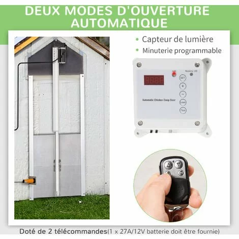 PawHut Porte Automatique Pour Poulailler - Minuterie, Capteur De Luminosité, 2 Télécommandes, Kit Installation Inclus - Alu. ABS Gris - Gris 5 PawHut Porte Automatique Pour Poulailler - Minuterie, Capteur De Luminosité, 2 Télécommandes, Kit Installation Inclus - Alu. ABS Gris - Gris – Image 5